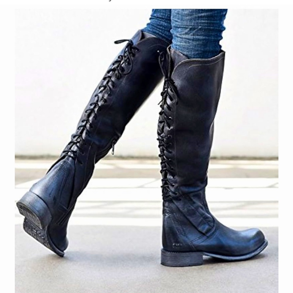 BedStu Surrey Black Knee-High Back Lace-Up Boots size 7
